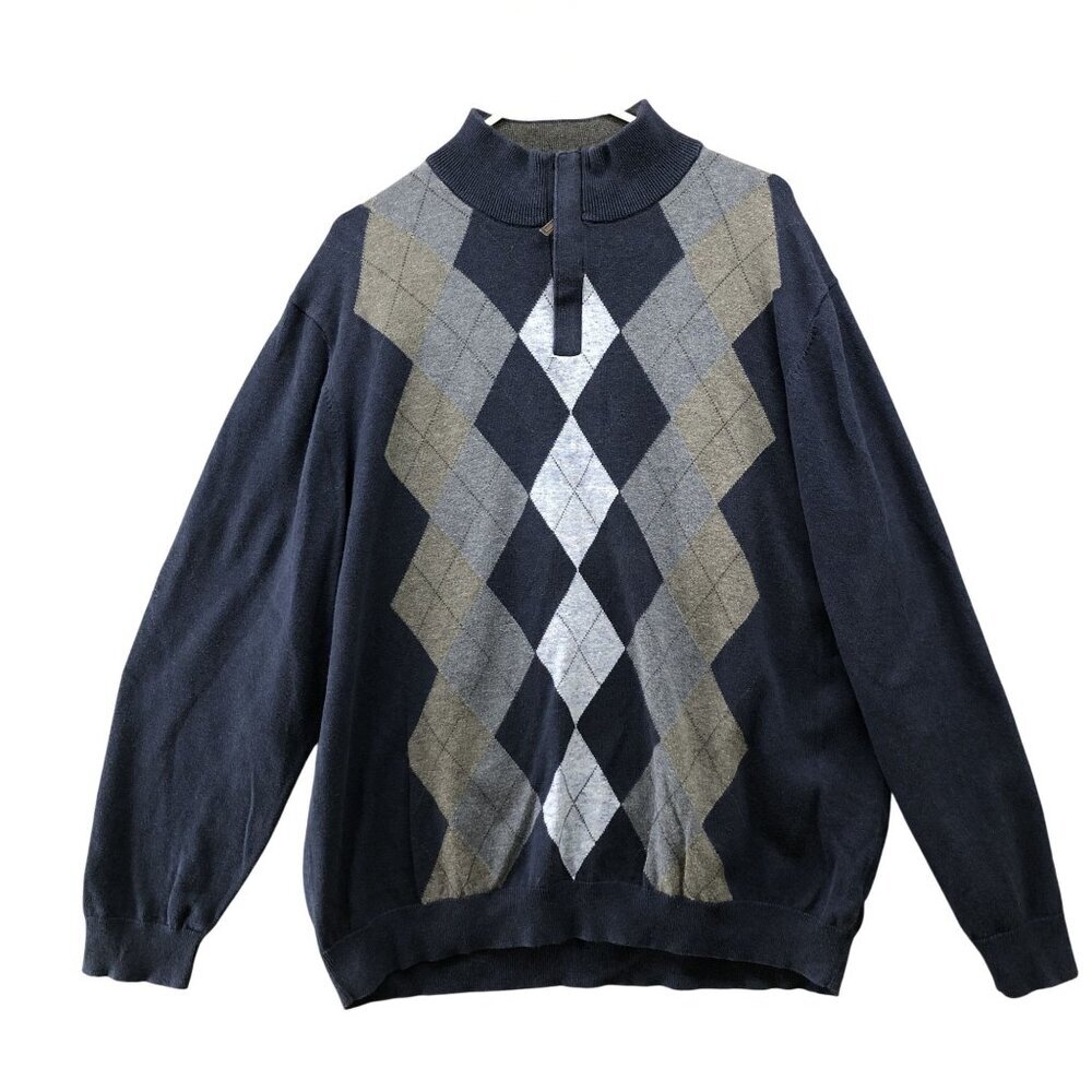 Tasso Elba 1/4 Zip Argyle‎ Sweater Mens XL Blue Knit Cotton Pullover Lightweight